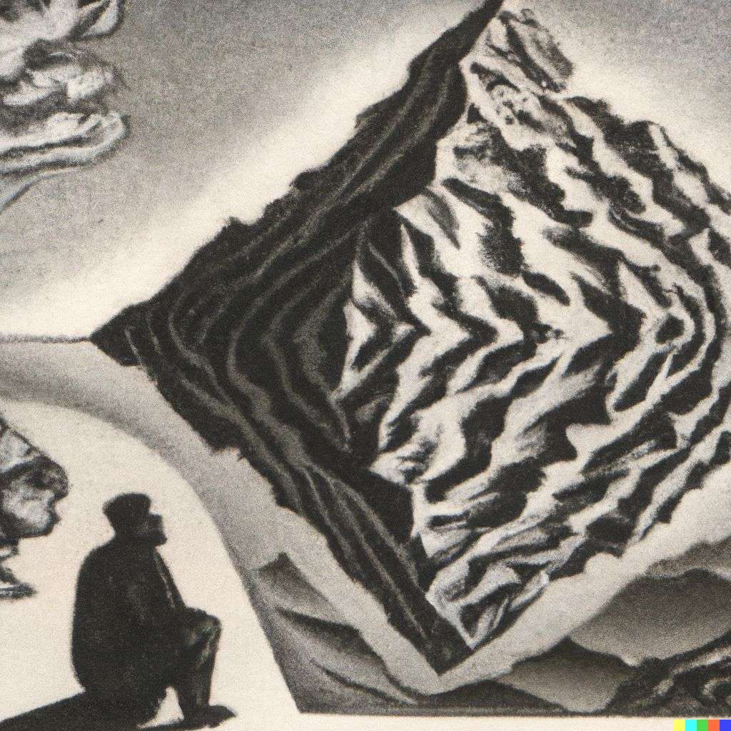 someone gazing at Mount Everest, lithography by Escher